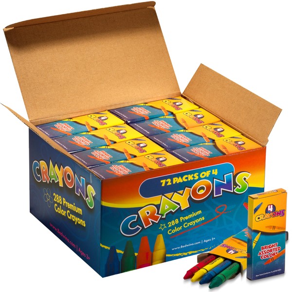 Bedwina Bulk Crayons - 576 Crayons! Case Of 144 4-Packs, Premium Color Crayons for Kids and Toddlers, Non-Toxic, for Party Favors, Restaurants, Goody Bags, Stocking Stuffers