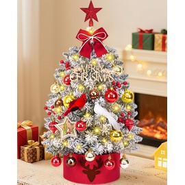 MARTINE MALL 2FT Small Christmas Tree with 30 LED Lights, Snowy Flocked Mini Christmas Tree Artificial Tabletop Xmas Trees with Cardinal Birds Red Bow Star Hanging Ornaments for Table Desk Small Space