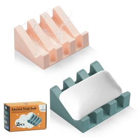 Silicone Soap Dish for Bar Soap Holder for Shower Bathroom Self Draining Waterfall Drying Tray Keep Soap Bars Dry Clean & Easy Cleaning (Pink/Green, 2)