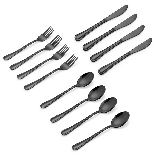 LIANYU 12-Piece Black Kids Silverware Set, Stainless Steel Toddler Utensils Flatware Set, Child Cutlery Tableware Set for 4, Include knife Fork Spoon, Mirror Finished, Dishwasher Safe
