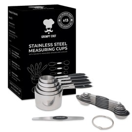 GRUMPY CHEF Stainless Steel Measuring Cups and Spoons Set with Magnetic Leveler – 13-Piece Nesting Set, Dual-Sided Magnetic Spoons, Flat Bottom Design for Stability – Rust-Resistant, Dishwasher Safe