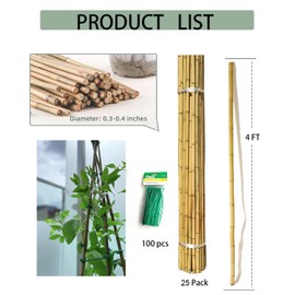 Moromyse 25 Pcs 4 Ft Bamboo Garden Stakes with 100 Ties Natural Bamboo Plant Stakes for Tomatoes Cucumber Grapes Pole Beans Trees Potted Dahlia Flowers and Climbing Plants - Pack of 25 Bamboo Sticks…