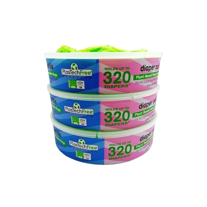 Plastech Diaper Pail Refills - 100% Home Compostable/Plant-Based, 3 Count