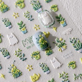 Spring 5D Embossed Nail Art Stickers Self-Adhesive Green Nail Decals Cute Cats Potted Plants Floral Nail Art Supplies Spring Summer Green Plants Leaf Nails Sliders for Women DIY Nail Decorations