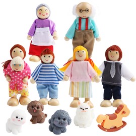SRunDe Sets of 7 Doll House Figures, People Wooden Dollhouse Family with Pet Cat & Dog Happy Family Playset for Children Pretend Dollhouse Accessories Gift