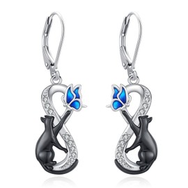 Eusense Cat Earrings Cat Moon Earrings 925 Sterling Silver Dangle Drop Earrings Jewellery Gift for Cat Lovers Women Girls, Sterling Silver, No Gemstone