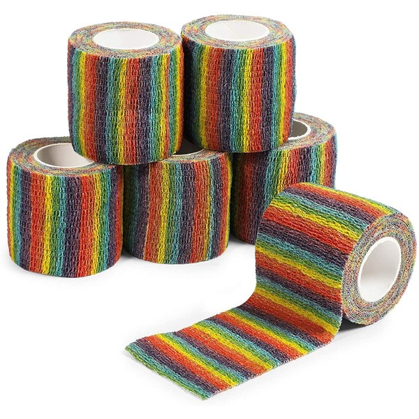 Self Adhesive Bandage Wraps, Cohesive Tape, Rainbow Colors (2 in x 5 Yards, 6 Pack)