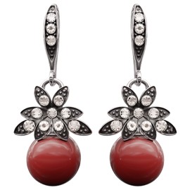 Lova Jewelry Glass Pearl & Hematite Crystal Accent Clip on Hook Earrings for Wedding, Bridal, Formal & Fashion (Red)