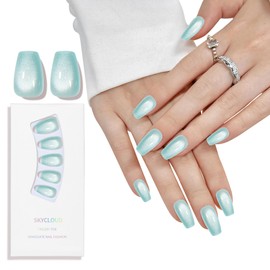 SKYCLOUD Cat Eyes Press On Nails, Medium Coffin Fake Nails Tips Full Cover With Natural Soft Gel,24 Pcs Nail Kit Cover Artificial Glossy Stick On Reusable False Nails for Women (Sky Blue) SK0718