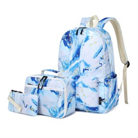 Imyth 3Pcs colorful Backpack sets for Teen Girls, Cute Bookbag School Daypacks for Elementary Middle Students (Marble Blue)