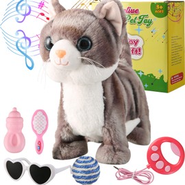 Marsjoy Colorful Leash Walking Cat Set Singing That Purrs and Meows Animated Plush Robot Kitten Moving Plush Realistic Stuffed Animal Remote Control Cute Kawai Robotic Kitty Toy for Girl