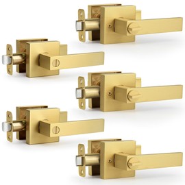 Moquin Square Privacy Gold Door Handle with Lock, Keyless Heavy Duty Interior Door Lever for Bathroom or Closet, Satin Brass, 5 Pack
