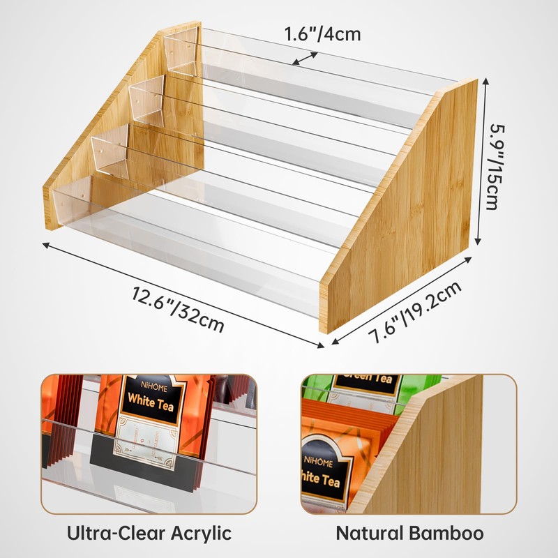 NiHome 4-Layer Tea Bag Organizer, Large Capacity Bamboo & Acrylic