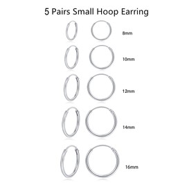 5 Pairs Sterling Silver Hoop Earrings -Small Hoop Earring Cartilage Earring Hoop for Women Men Gifts (8/10/12/14/16 Silver)