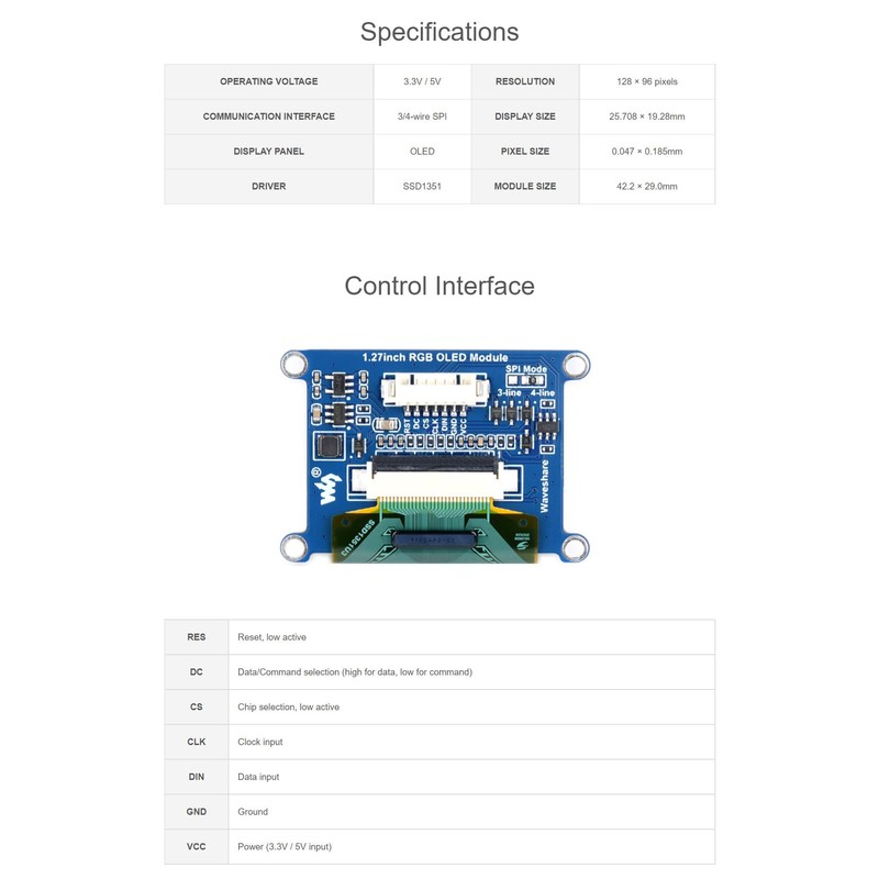 Coolwell 1.27 Inch RGB OLED Module for Raspberry Pi/Arduino/STM32 128
