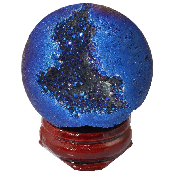 mookaitedecor Druzy Agate Geode Specimen, Deep Blue Titanium Coated Quartz Crystal Sphere Ball Figurines with Wood Stand