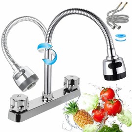 Grifo Mezclador de Fregadero de Cocina con Rotación de 360°, Grifo Flexible de Cocina de Acero Inoxidable con 2 Mangueras, Fregadero de Agua Fría y Caliente