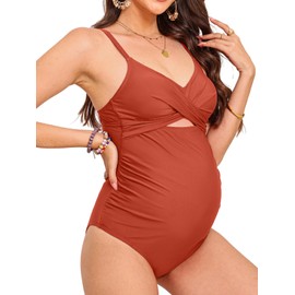 CUPSHE Women's One Piece Swimsuit Maternity Wrapped Front Ruched Pregnancy Bathing Suit Back Hook Cutout, M Red