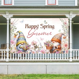 Ticuenicoa Happy Spring Gnomes Banner - Spring Gnome Banner with Colorful Flowers, Seasonal Easter Welcome Door Decorations for Spring & Holiday Party Decor, 49.3x39.4 inches