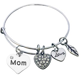 Infinity Collection Mom Bracelet | Expandable Wire Silver Bangle Charm Bracelet | Bracelet Jewelry with Engraved Mom | Special Heart Pendant with Rhinestone | Best Gift for Your Lovely Mom