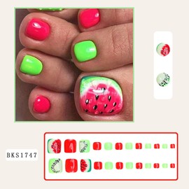 Square Fake Toenails Summer Glossy Blue Press on Toenails Watermelon Short Acrylic False Toes Nails with Designs Kiwifruit Cute Artificial Beach Green Full Cover Toenail for Women and Girls 24 Pcs