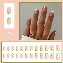 24Pcs St Patrick's Day Press on Nails Short Shape French Tip Fake Nails Green Four-leaf Clover Design, Square False Nails Shamrock Acrylic Artificial Nails Stick on Nails for Women Nail Art Decoration