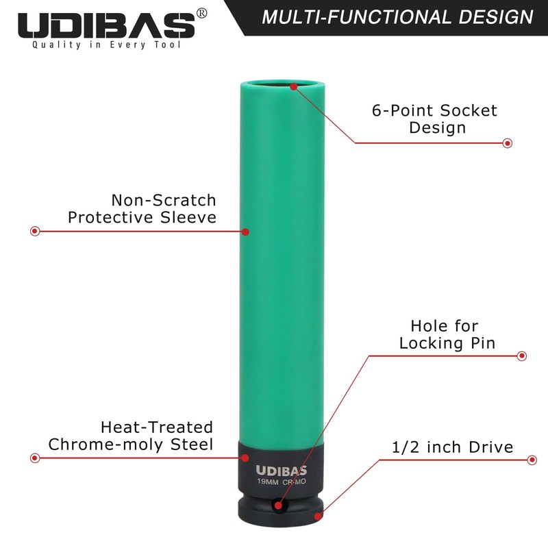 19mm 1/2-Inch Drive Extra Long Impact Lug Nut Socket,Deep,Metric,with Protective