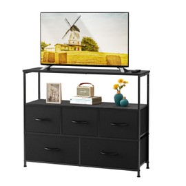 TV Stand with 5 Fabric Drawers, Entertainment Center for 45 Inch TV Storage Organizer with Open Shelf, Wooden Media Console Table for Living Room, Bedroom, or Office, Small Space