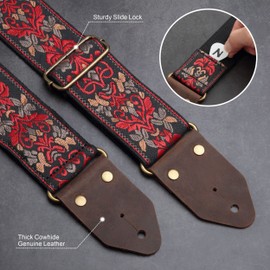 Nefelibata Guitar Strap, Jacquard Embroidery Cotton Guitar Straps with Crazy Horse Leather Ends for Bass, Electric & Acoustic, Gifts for Kids, Guitarists, Retro Red Flower