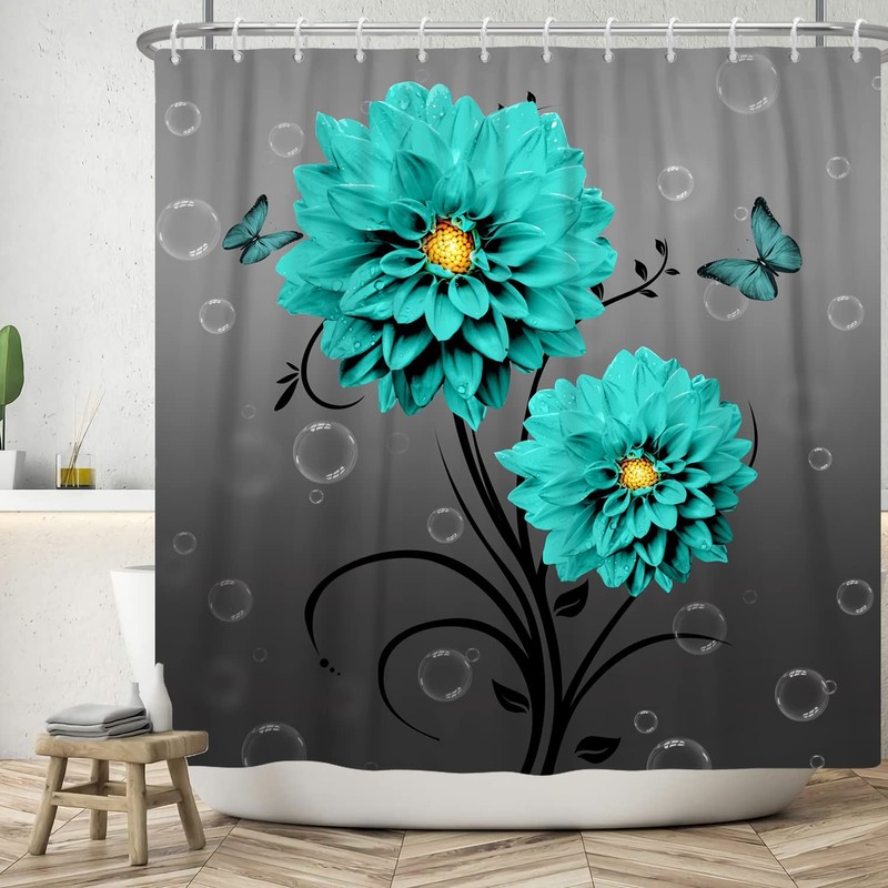 Blue Flower Butterfly Shower Curtain Teal Turquoise Blue Dahlia Bathroom