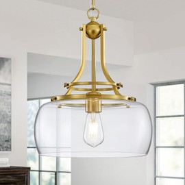 WUZUPS Chandelier Rustic Farmhouse Industrial Round Ceiling Pendant LED Light Fixture with Clear Glass Shades for Dining Room Kitchen Island Foyer Entryway, H 17" x W 13.4", E26 Base, Brushed Gold