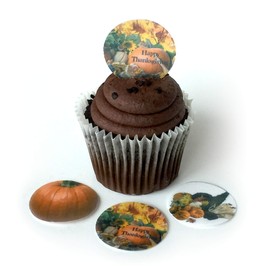 Happy Thanksgiving Pumpkin Cornucopia Wafer Paper Toppers 1.5 Inch for Decorating Desserts Cupcakes Birthday Cakes Cookies Pack of 12