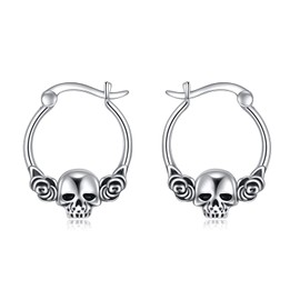 ONEFINITY Gothic Skull Hoop Earring Sterling Silver Retro Vintage Rose Flower Skeleton Earrings Punk Jewelry for Women