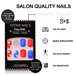 4th of July Press on Nails Extra Short Square OFDNE Patriotic Fake Nails Cute False Nails with Stars Stripes Designs Glossy Glue on Nails White Blue Red Acrylic Nails for Women Girls 24Pcs