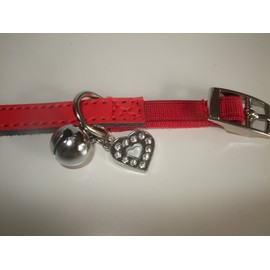 Leather cat collar red,blue,brown,pink,purple,black, safety elastic,diamante heart charm (Red)