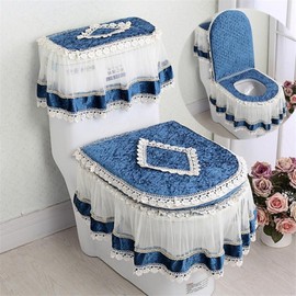 [Dajilong] Italian velvet lace zipper toilet mat set, diamond blue golden velvet double-sided, 1 set / [다있지롱] 이태리 벨벳 레이스 지퍼 변기 매트 세트, 다이아몬드블루 골든 벨벳 양면, 1세트