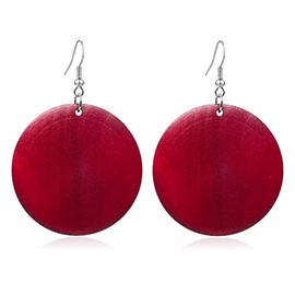 TIANHONGYAN Handmade Boho Wooden Big Round Teardrop Earrings African Ethnic Natural Wood Earrings Vintage Lightweight Geometric Wooden Dangle Drop Earrings for Women (round-wine red)