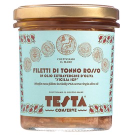 Bluefin Tuna Fillets in Extra Virgin Olive Oil - Testa Conserve, Sicily, Italy - in a glass jar of 11.2oz