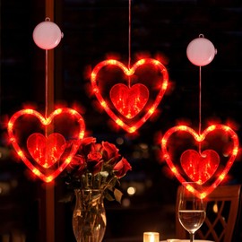 Valentines Day Window Lights Decorations with Timer, 3Pack Lighted Red Heart Lights Battery Powered Hanging Red String Light for Fireplace Indoor Home Valentine Wedding Birthday Anniversaries Decor