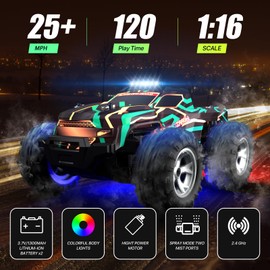 Remote Control Car for 4-7 8-12 Boys, 1/16 Scale All Terrain RC Cars,High Speed 25Km/h Fast Car with Colorful Led Light and Spray, Two Rechargeable Battery RC Truck, Toy Car Gift for Teen Boys Girl