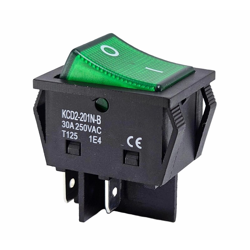 Rocker Switch Green with Waterproof Cover, 30 A 250 ~