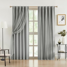 Bujasso Grey 90% Blackout Curtains with Sheer Overlay Mix and Match Double Layer Window Curtains Thermal Insulated 84 inch for Bedroom Gray Drapes with Tiebacks Rod Pocket Back Tab 37" Wx84 Lx2