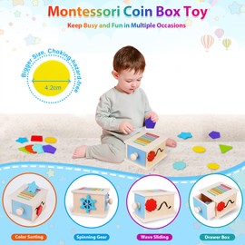 FCSONU Toddlers Montessori Coin Box Toys for 1 2 3 Year Old Boys Girls, Wooden Baby Toys for Toddlers 1-3, Color Sorting Stacking Sensory Toys for Ages 2-3, Easter Birthday for Kids