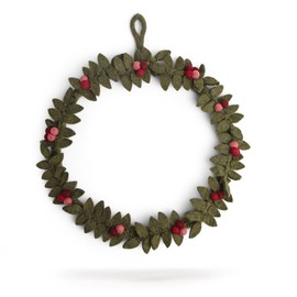 Én Gry & Sif Door Wreath, Handmade & Fair Trade Felt Wreath, Scandinavian Decoration for Autumn, Winter, Christmas, Christmas Wreath, Dark Green with Red Berries, Diameter 30 cm