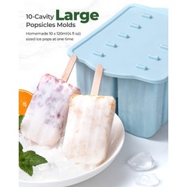 10 Cavity Large Silicone Popsicle Molds with Silicone Popsicle Holders/Popsicle Drip Catcher, MEETRUE Popsicles Molds Silicone BPA-Free Popsicle Maker Mold Ice Pop Mold, with 50Pcs Popsicle Sticks