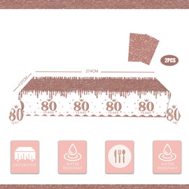 yayafunfun 2pcs Rose Gold 80th Table Cloth 80th Birthday Table Decoration,Happy 80th Birthday Tablecloth for Ladies Women,137 * 274cm Plastic Tablecloths Table Cover 80th Birthday Decorations for Her