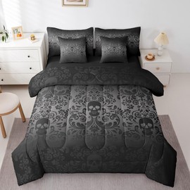 Damask Gothic Bedding Set Adults Antique Victorian Bed in a Bag King Size Comforter Set 7 Pieces,Black Sugar Skull Sheet Set Vintage Floral Goth Bed Set,Exotic Bone Skeleton Bohemian Baroque Decor