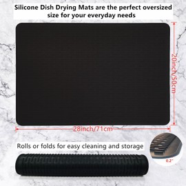 Hescred Extra Large, Silicone Plate Drying Mat, Eco-Friendly, Easy to Clean, Heat Resistant, For Kitchen Counter, Dishwasher Safe, Non-Slip, Protective-Quick Drying Utensil Mat (Black, 28X20)