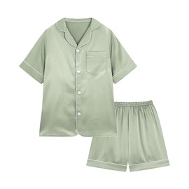 Miyanuby Girls Boys Pyjamas Set Button-up Silk Satin Pajamas Sleepwear Nightwear 2 Pieces Clothes Set Gifts for Baby Girls Boys