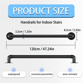 3.3FT Wall Pipe Stair Handrail - Black Galvanized Industrial Metal Staircase Handrail for Indoor & Outdoor Wall Mount Support, Perfect Wall Hand Railing